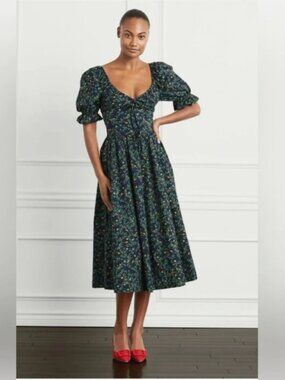 Hill House Home Ophelia Dress Midnight Garden XS Navy Botanical Puff Sleeve